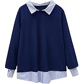 GORGLITTER Women's Plus Size Striped Shirts 2 in 1 Collared Work Business Shirt Fall Trendy Outfits