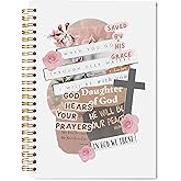Welshower Pink Rose Floral Cross Christian Spiral Notebook Journal, Bible Verse Notebook for Note Taking, Bible Scripture Journal, Religious Prayer Journals for Woman, 5.5x8.3 Inch