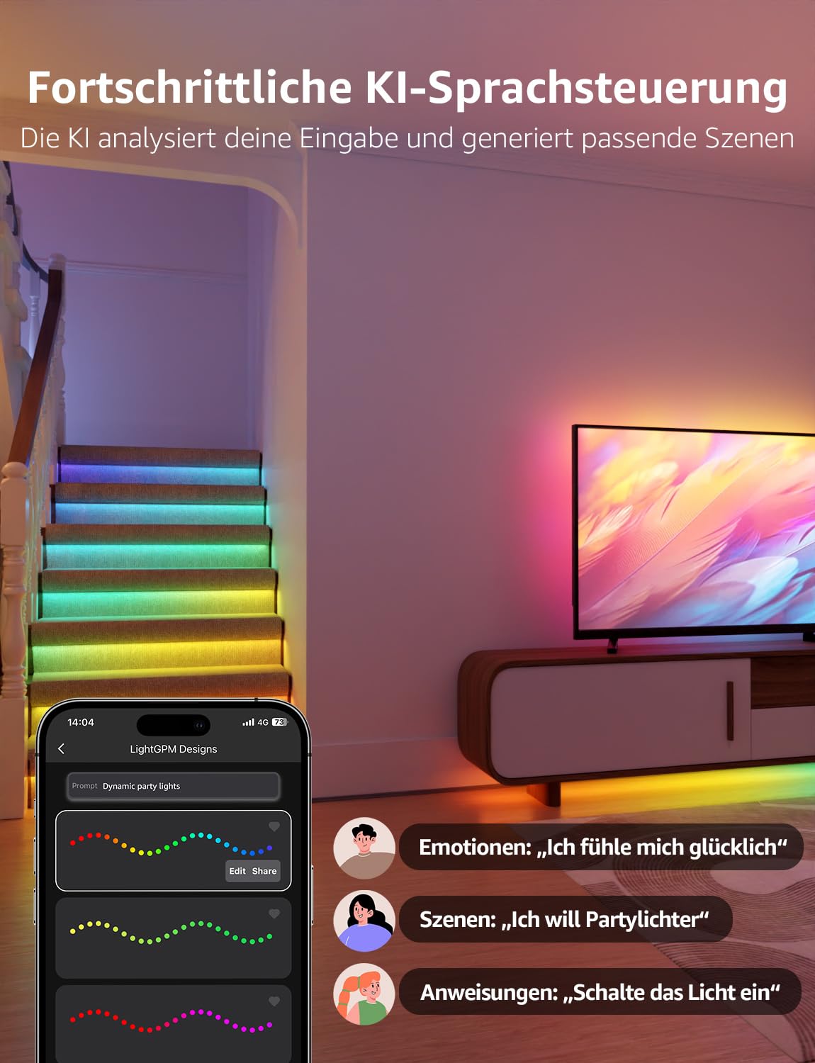 Lepro AI LED Streifen S2, 5M RGBCW LED Strip mit echtem Weißlicht, MagicColor RGBIC, Personalisierter KI-Lichtdesigner, Musik-Sync, Kompatibel mit Alexa & Google Assistant für Gaming & Ambiente 8