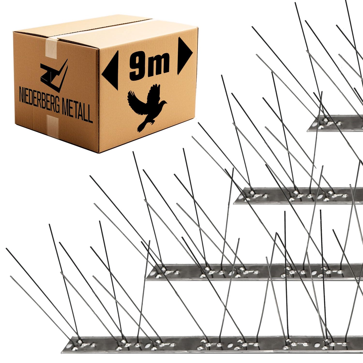 Niederberg Metall Pigeon Spikes - 9 Metre Stainless Steel Bird Spikes for Pigeons with 324 Spines - Bird Deterrent Spikes for Fence Tops & Roofs - Anti Cat Spikes for Garden Bed Bird Repellent Spikes