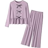 oyyniis Girls Clothing Set Long Sleeve Ruffle Hem Top & Flare Leg Pants Casual Cute Outfits With Bowknot 5-14 Years