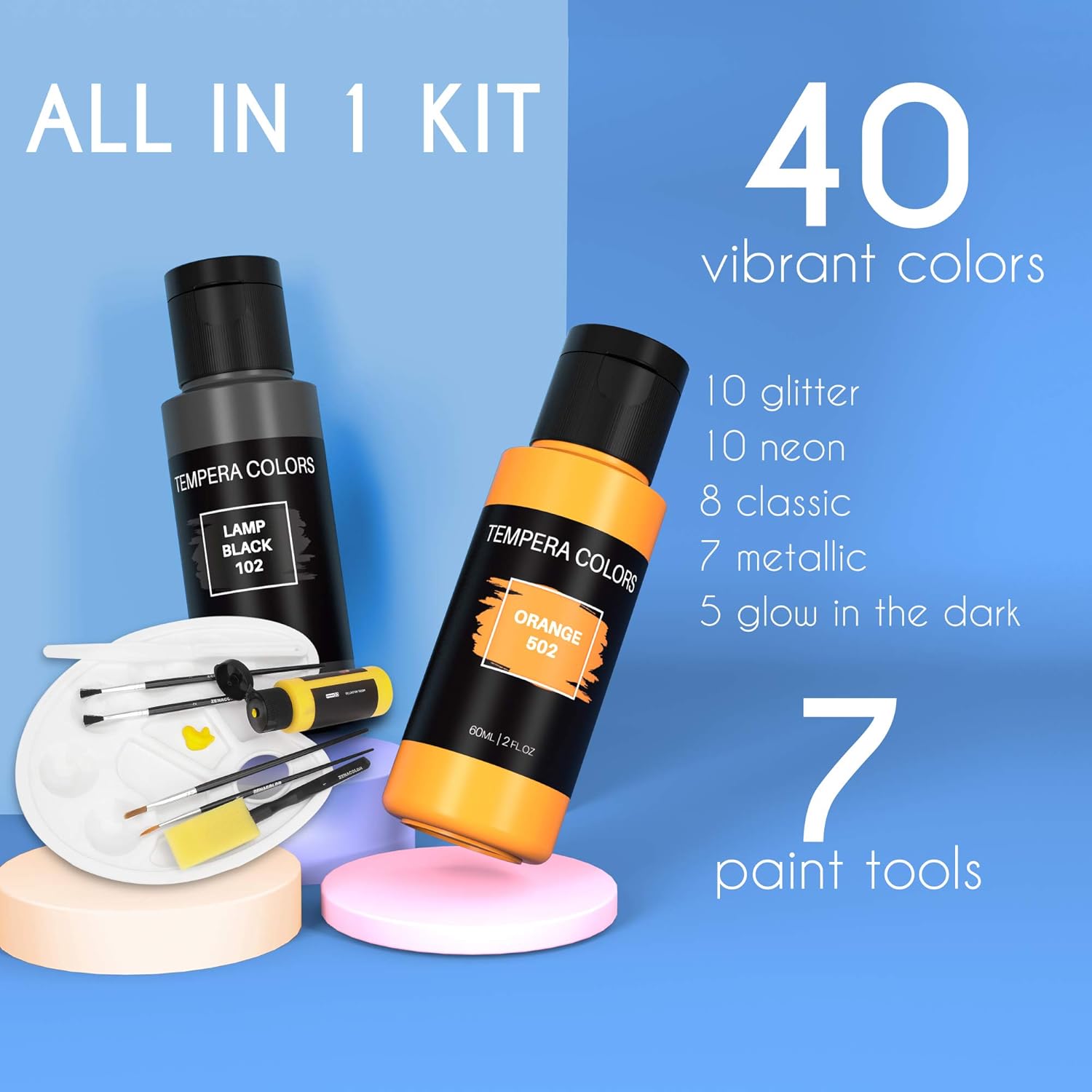 Zenacolor - Tempera Paint for Kids and Toddlers - Set of 40 x 60ml - Matte Color, Neon, Glitter, Fluorescent, Metallic Paints - Paper, Cardboard with Paint Brush, Hand, Finger Paints - Non Toxic: Home Improvement