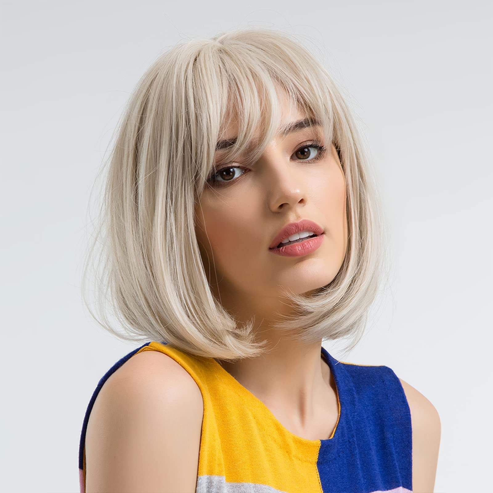 Photo 1 of MOSINA Blonde Bob Wig - Short Blonde Straight Bob Wigs with Bangs for Women, Colorful Short Hair Wig, Cute Synthetic Wig for Cosplay, Daily, Halloween (12inch)…