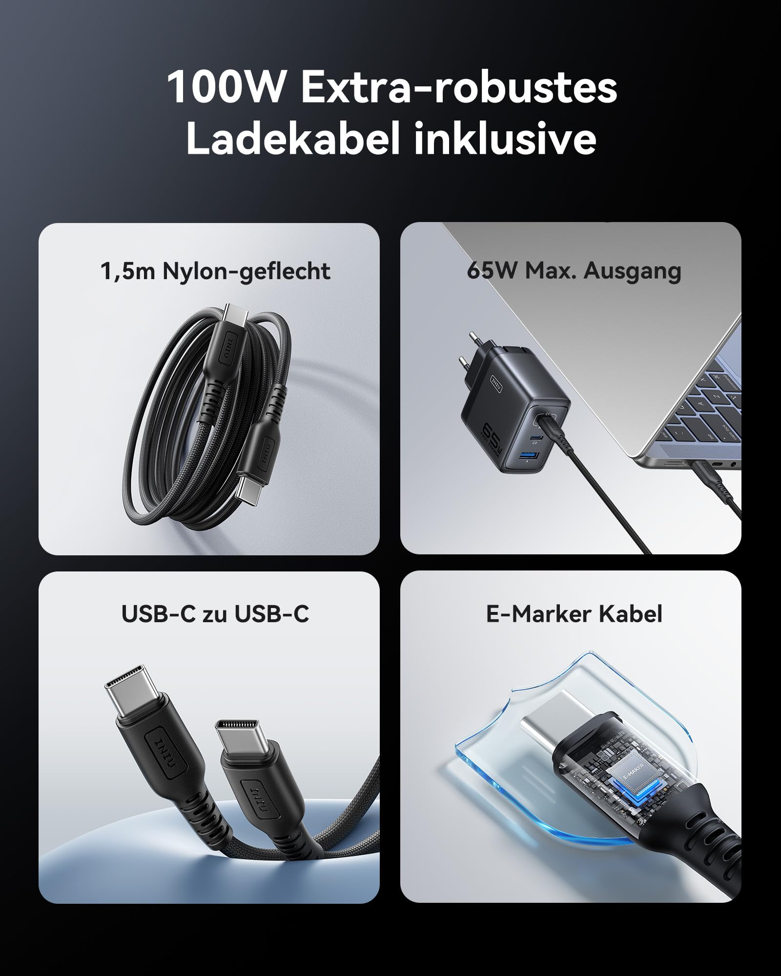 INIU USB C Ladegerät, 65W 3-Port Laptop Schnellladegerät mit 1.5m Kabel 5