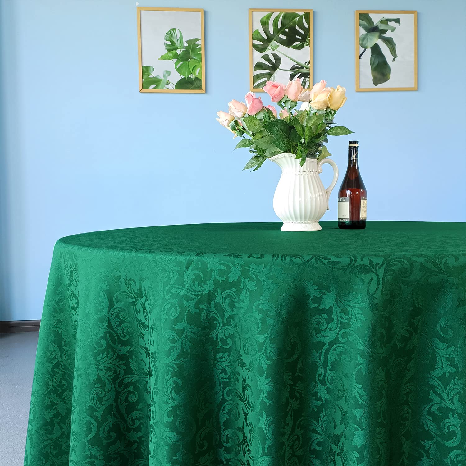 WedDecor 120" Round Damask Tablecloth Scrolled Leaves Pattern Seamless Circular Linen Table Cover For Restaurant, Dining, Weddings & Events Table Decorations, Green, 1pc