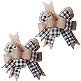 Sunianly Burlap Plaid Bows Black White Plaid Wreath Bow Gift Bows Tree Topper for Wedding Christmas Front Door Wall Ornaments Outdoor Decorations 2Pack