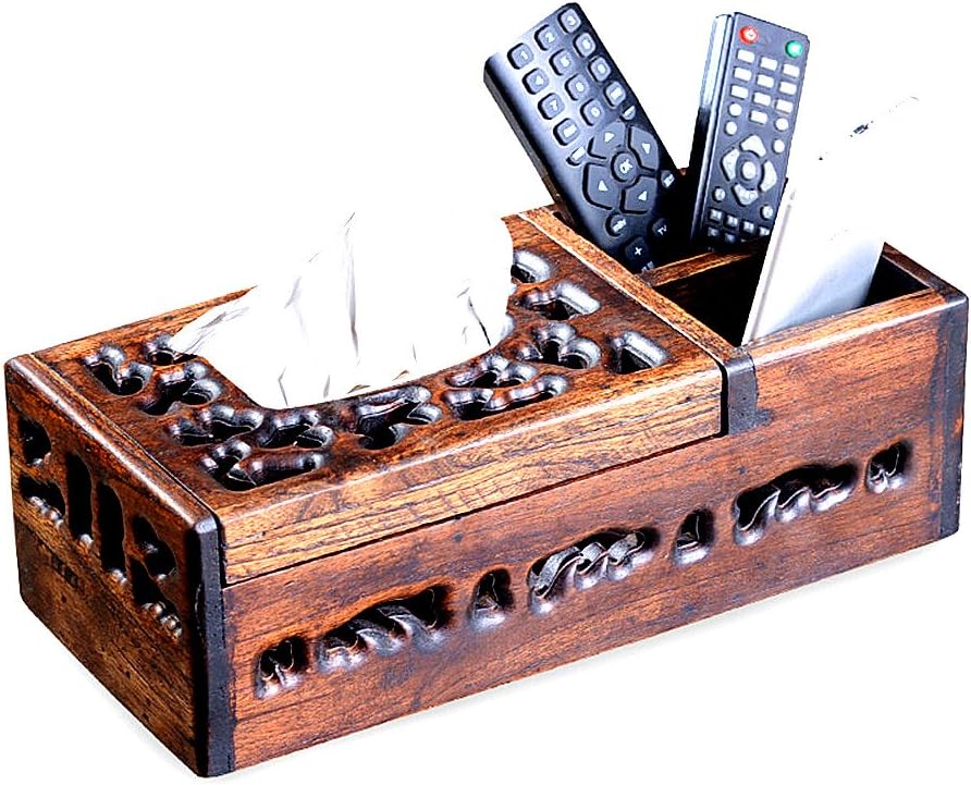 Teak Handmade Wooden Rectangle Facial Tissue Box Holder Paper Dispenser Decorative Tissue Box Cover for Kleenex Tissue Pack Multi-functional Organizer for Stationery,Remote Control, Pad,Phone,make up