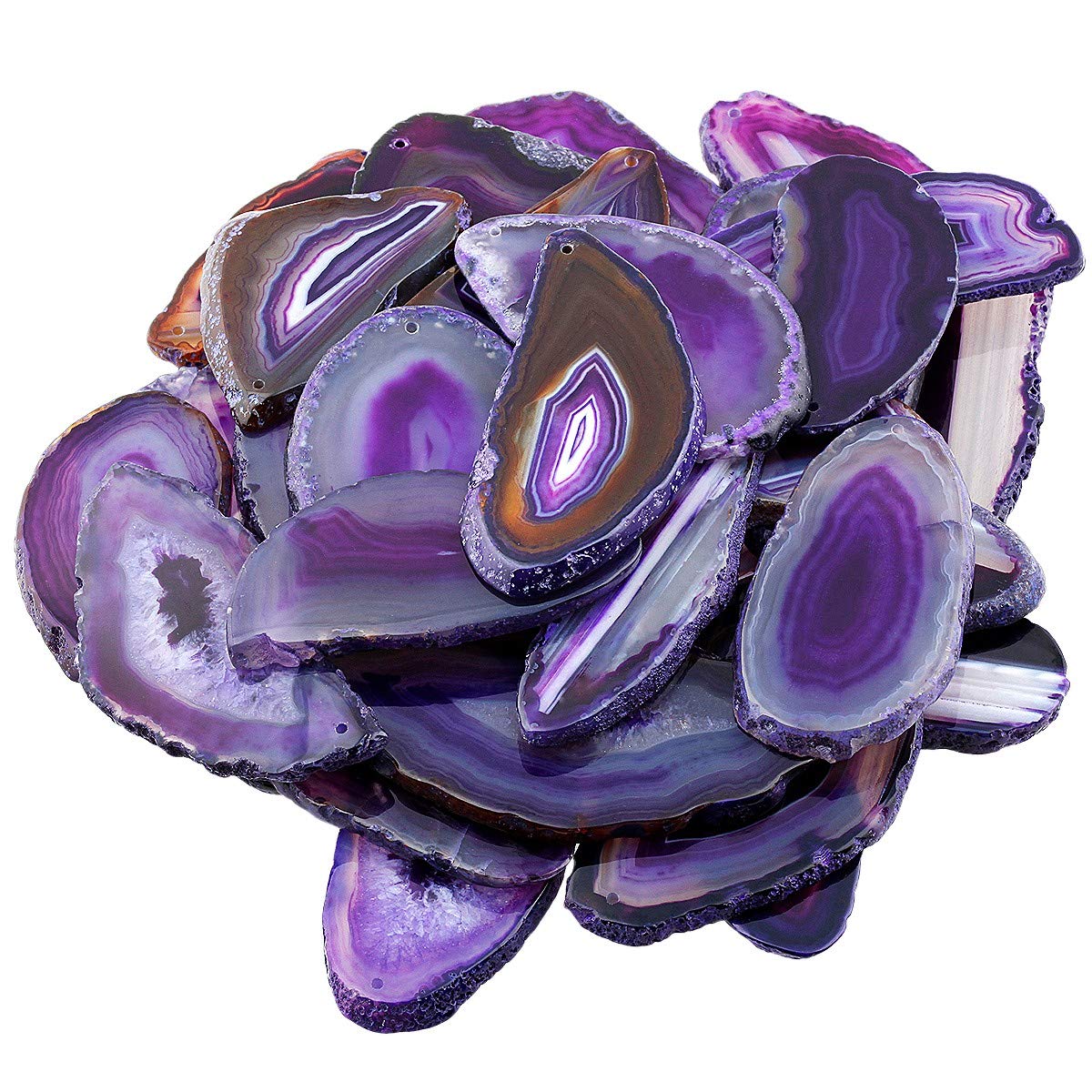 mookaitedecor Pack of 12 Natural Geode Agate Slices Pendants for Jewellery Making, Irregular Polished Top Drilled Cut Agate Plates