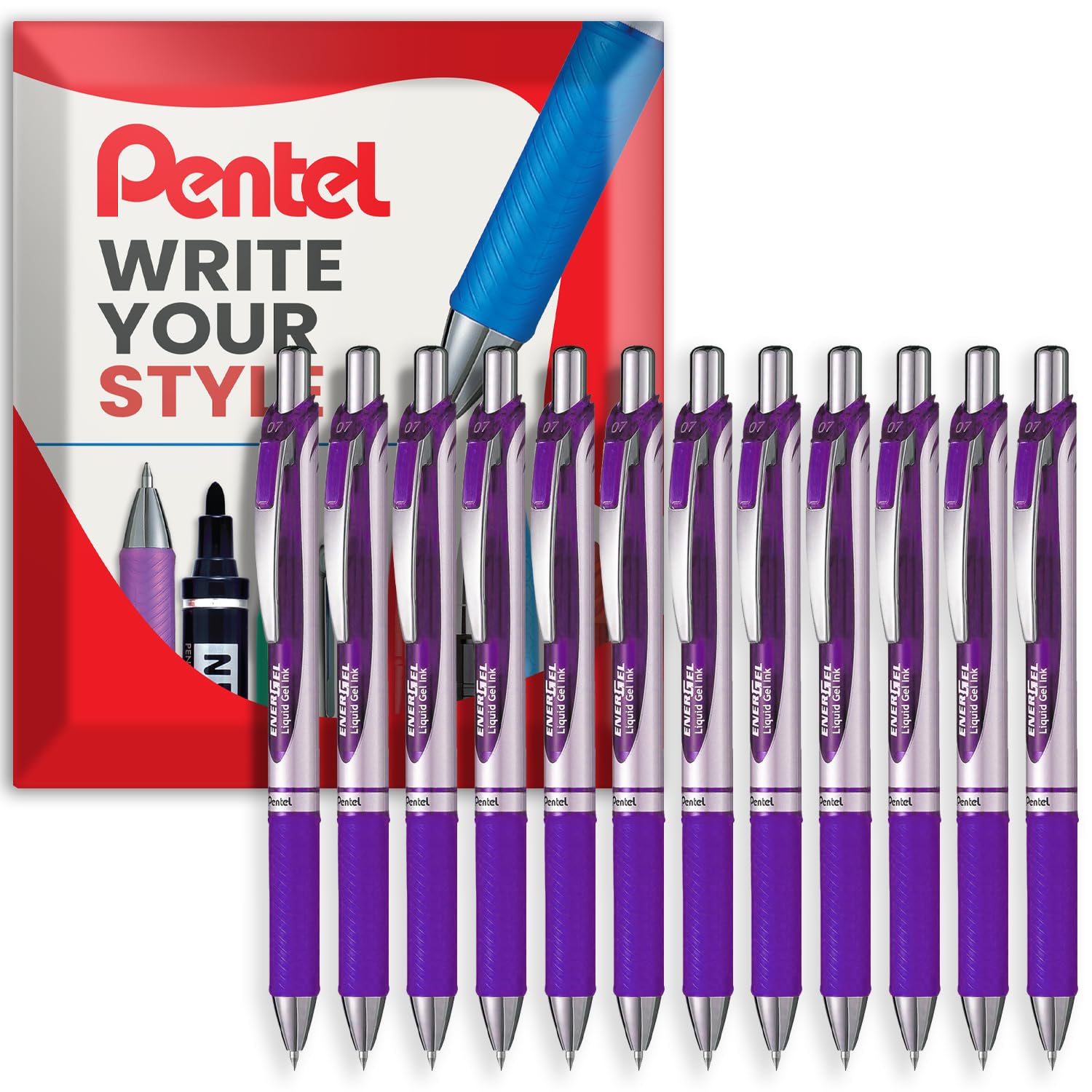 Pentel EnerGel XM BL77 - Retractable Liquid Gel Ink Pen - 0.7mm - 54% Recycled - Violet Ink - Pack of 12 in Envelope Gift Packaging
