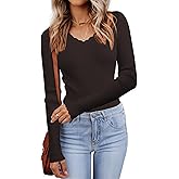 LUXVEER Women's V Neck Scalloped Sweaters Long Sleeve Ligheweight Shirts 2026 Fall Fashion Knitted Tops