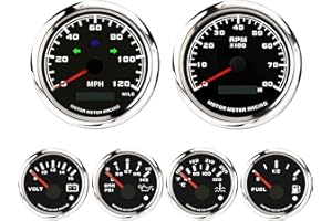 MOTOR METER RACING W PRO Series 6 Gauge Set - 85mm 3-3/8" GPS Speedometer with Turn Signal High Beam & Tachometer 52mm 2-1/16" Volt, Fuel Level, Water Temperature & Oil Pressure Black Dial White LED