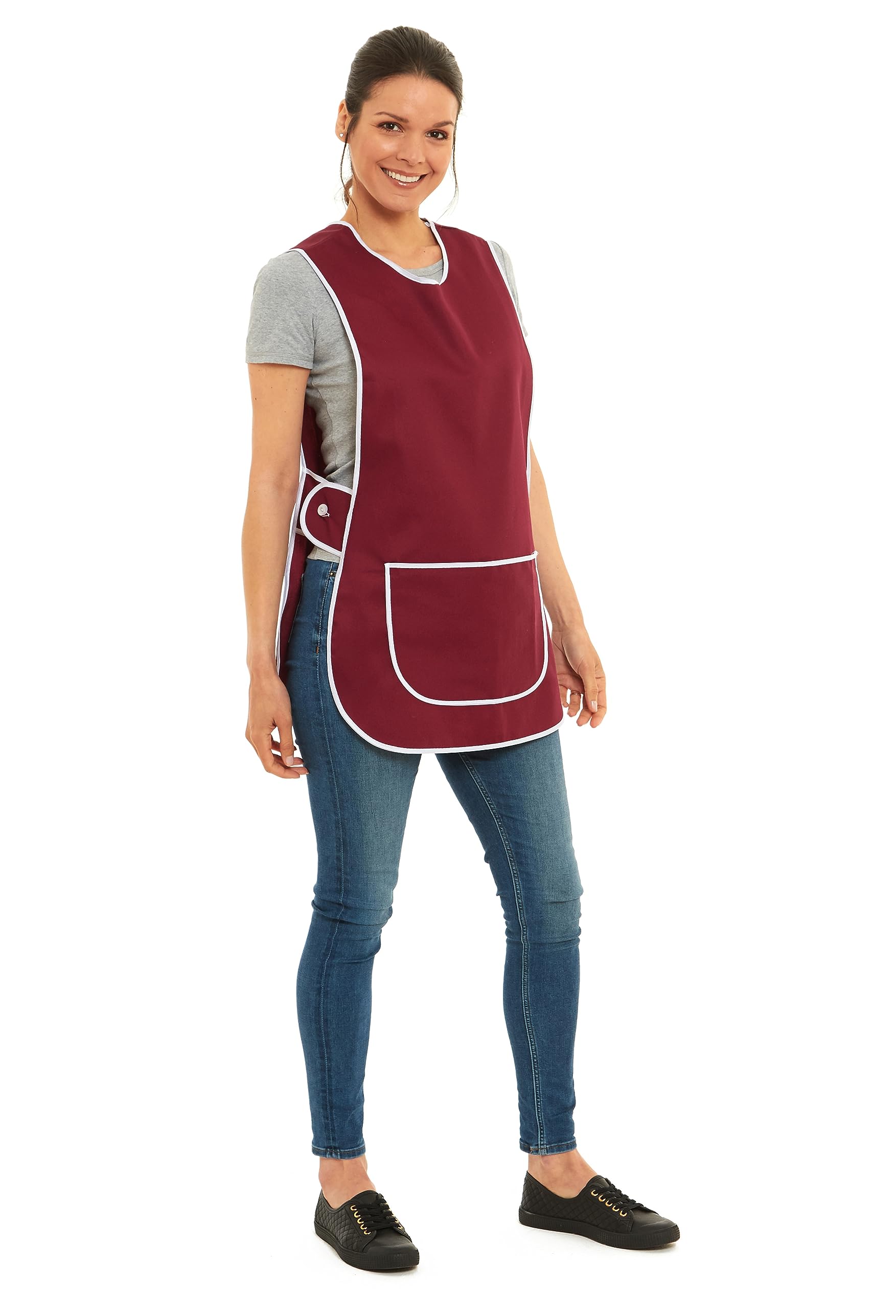 Tesmark Ladies Plain Colour Piping Design Tabard Apron Overalls Front Pocket Stylish Tabards for Women Casual Aprons for Women Home Kitchen Restaurants Coffee Shops UK Made (Large, Wine)