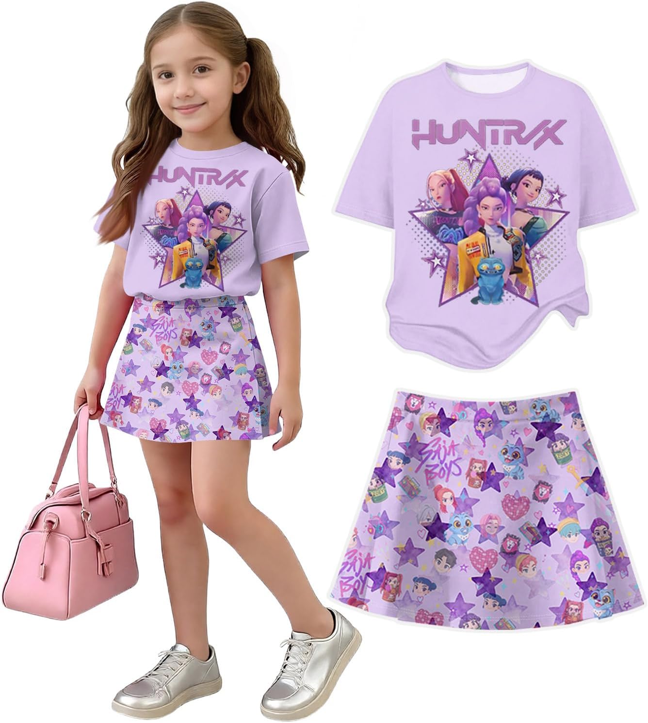 K Pop Short Sleeve T-Shirt and Skirts Outfits Set for Girls Hunters Girl's Anime Graphic Tees De-Mon Summer Sets