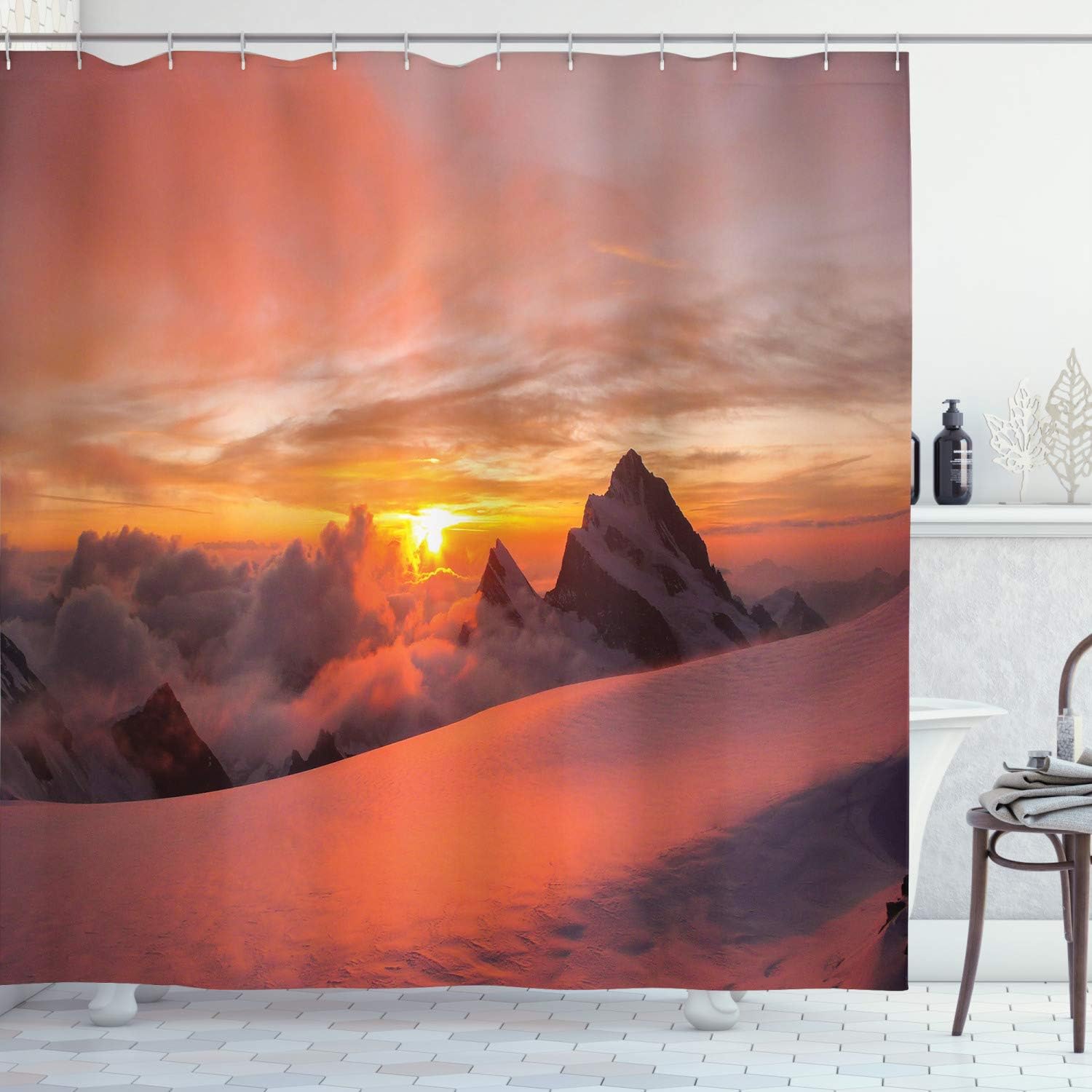 Amazon Com Ambesonne Lake House Decor Shower Curtain Sunrise In Swiss Alps With Magical View Of Mountain Natural Paradise Fabric Bathroom Decor Set With Hooks 84 Long Extra White Yellow Home Kitchen