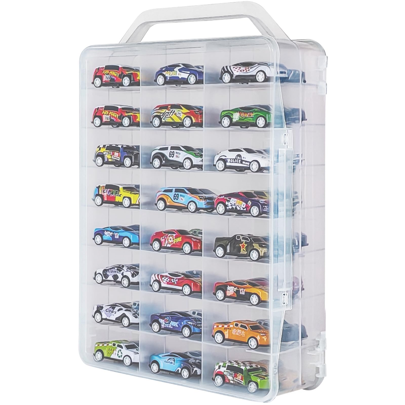 Photo 1 of ZZFENGKR Portable Transparent Double Sided Storage Case - 48 Compartments for Toy Cars, Matchbox Cars, 1:64 Scale Model Cars, with Handle (Case Only)