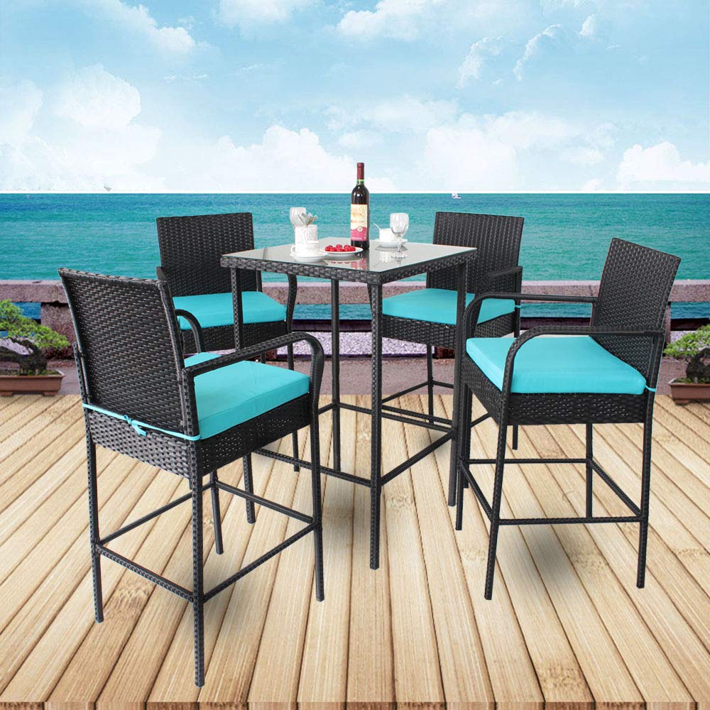 Leaptime Patio Bar Set 5pcs Black Rattan 1 Bar Table With Umbrella Hole 4 Stools Set Party Furniture Outdoor Garden Wicker Bar Set Turquoise Cushion Amazon In Garden Outdoors