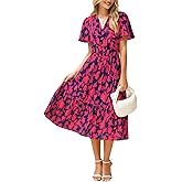 BerryGo Women's Floral Summer Short Sleeve Midi Dress V Neck Empire Waist Swing Flowy Boho Dress