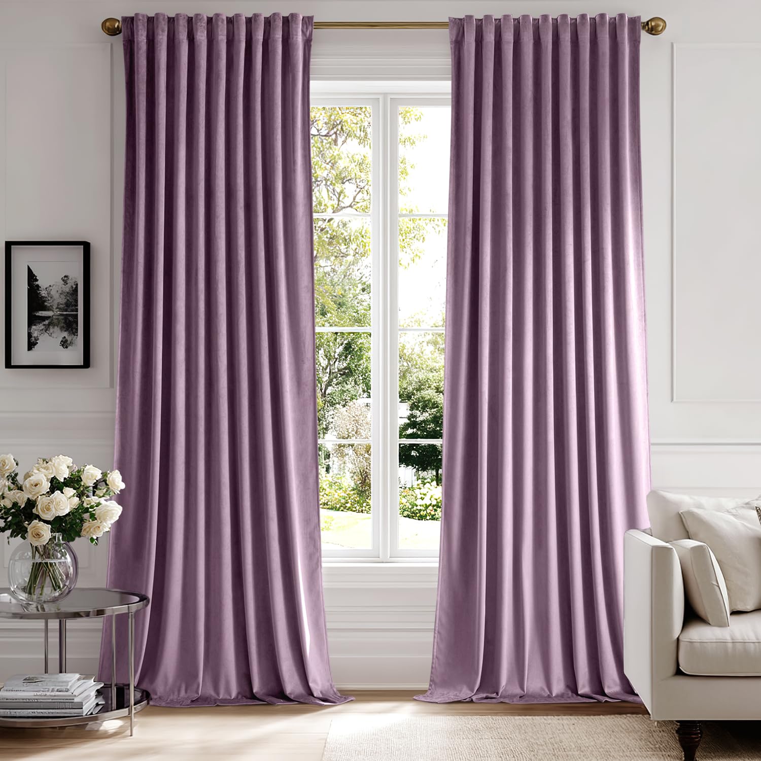 MIULEE Lavender Velvet Curtains 90 inches - Luxury Blackout Curtains for Bedroom Living Room Thermal Insulated Super Soft Window Drapes Rod Pocket & Back Tab, W52 x L90 inches,Purple,2 Panels Image