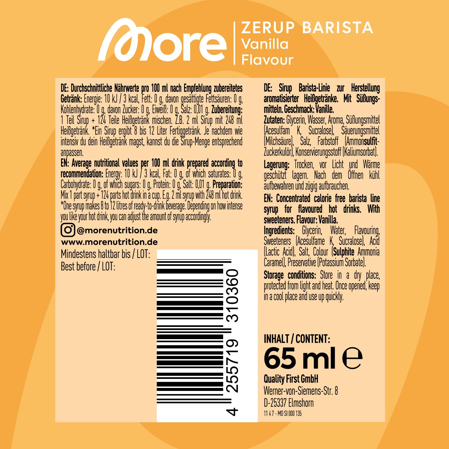 MORE Barista Zerup, Vanilla, 65 ml, für Kaffee, Tee und Heißgetränke, vegan, zero Kalorien - made in Germany 4