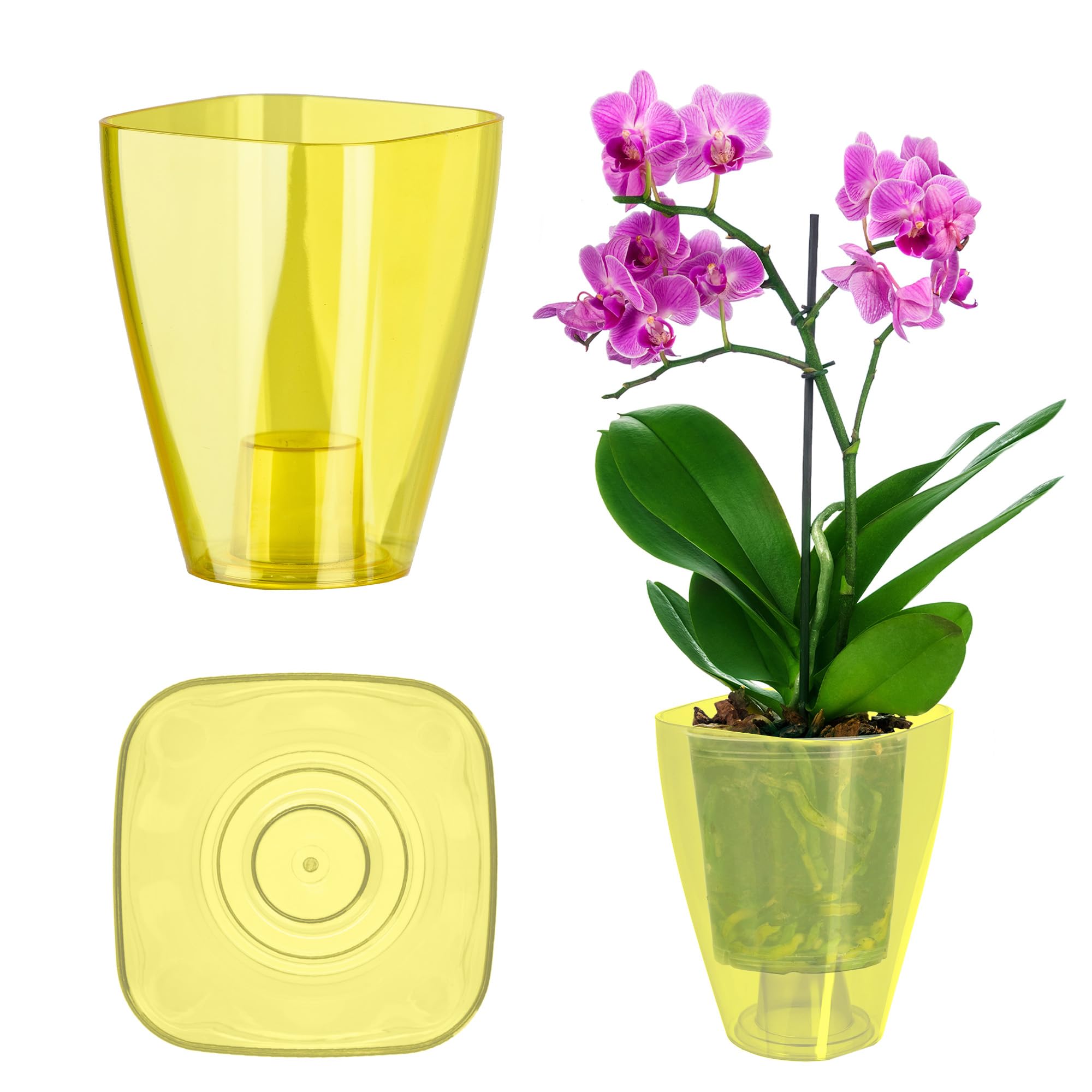 KADAX Orchid Pot, Plastic Flowerpot in Several Colours, Lightweight Plant Pot in Multiple Sizes, Elegant Pot for Living Room, Office and Bedroom (⌀12 cm, Square, Yellow)