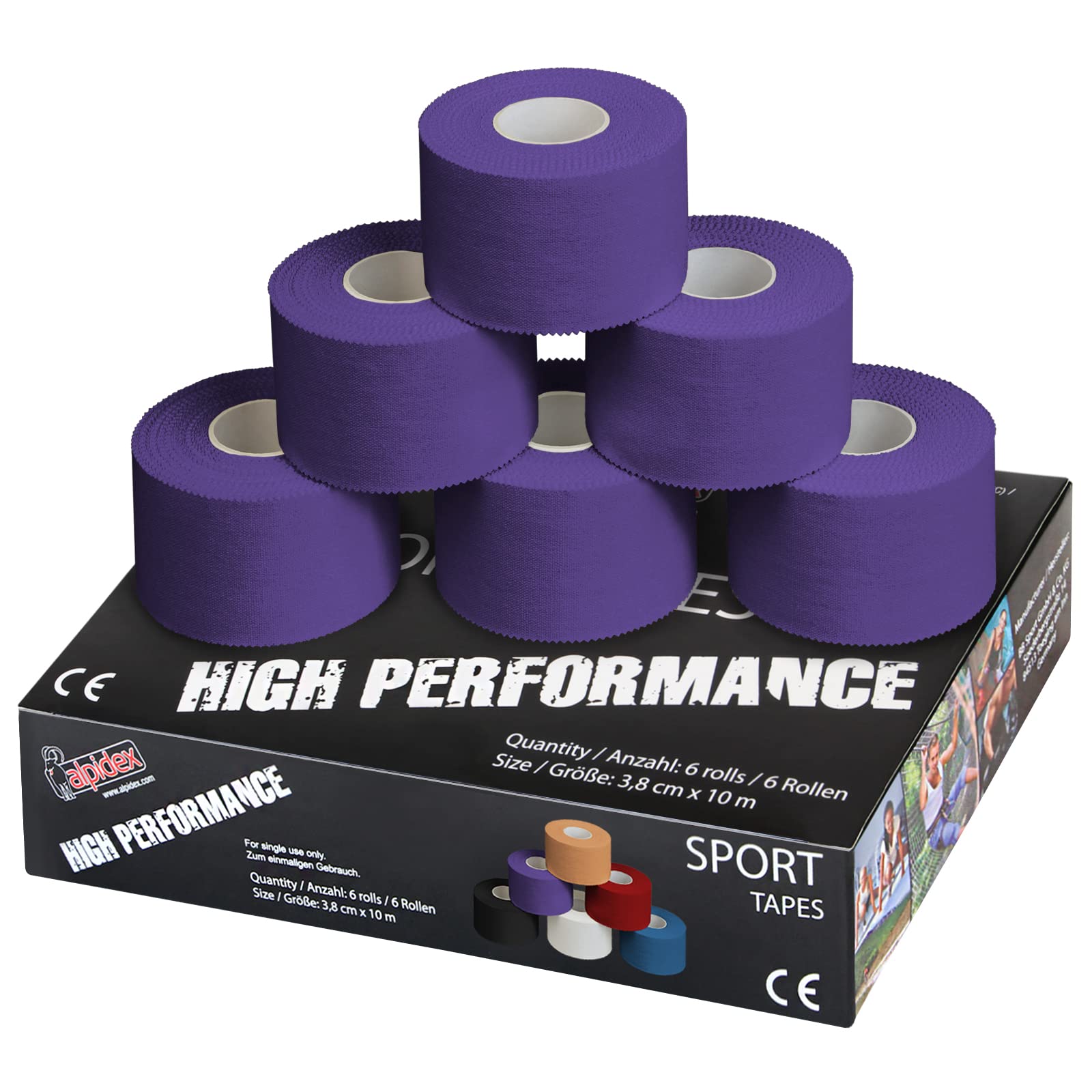 ALPIDEX 6 x Sports Tape 10 m x 3.8 cm Many Colours Zinc Oxide Finger Tape Tearable Skinfriendly Handball Football Volleyball Rugby, Colour:purple