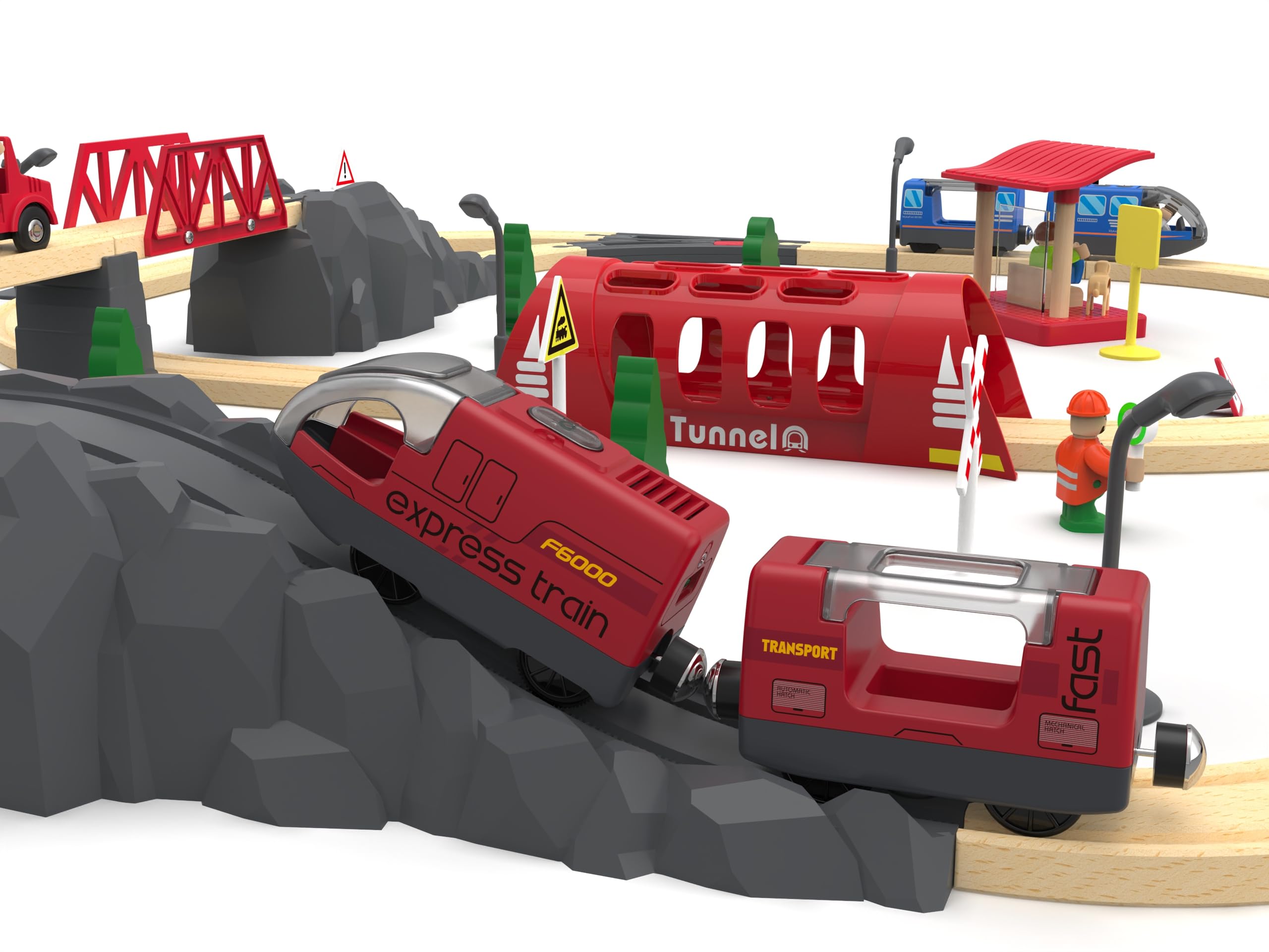 Toy Train Set Remote Control Locomotive Trains, Motorized Train for Wooden Track, Electric Train and Tunnel with Sound & Lighting Effect, Magnetic Trains Compatible with Thomas, Brio, Chuggington