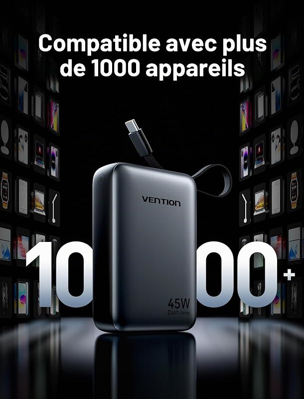 Mini Power Bank 45 W 20 000 mAh avec câble USB-C intégré, Chargeur Rapide PD/PPS, Batterie Externe de téléphone Portable avec écran LED pour iPhone 16/15/14, Galaxy S25/S24, iPad, Ordinateur