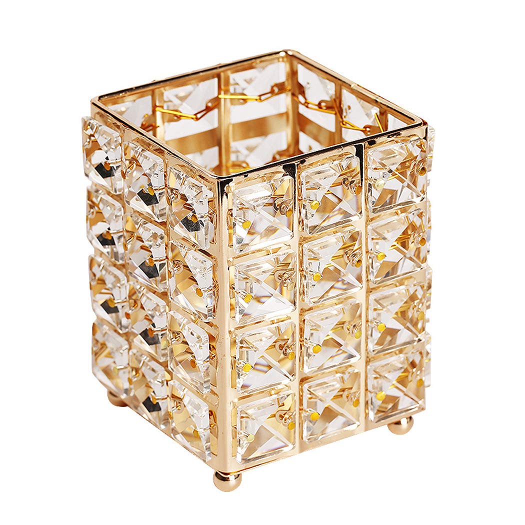 SIPLIV Makeup Brush Holders Pen Holder Handcrafted Crystal Eyebrow Pencil Pen Collection Cosmetic Storage for Vanity Bathroom Office Desk Organizer - Square, Gold