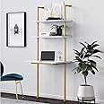 Nathan James Theo 2-Shelf Industrial Wall Mount Ladder Small Computer or Writing Desk, White/Gold Brass