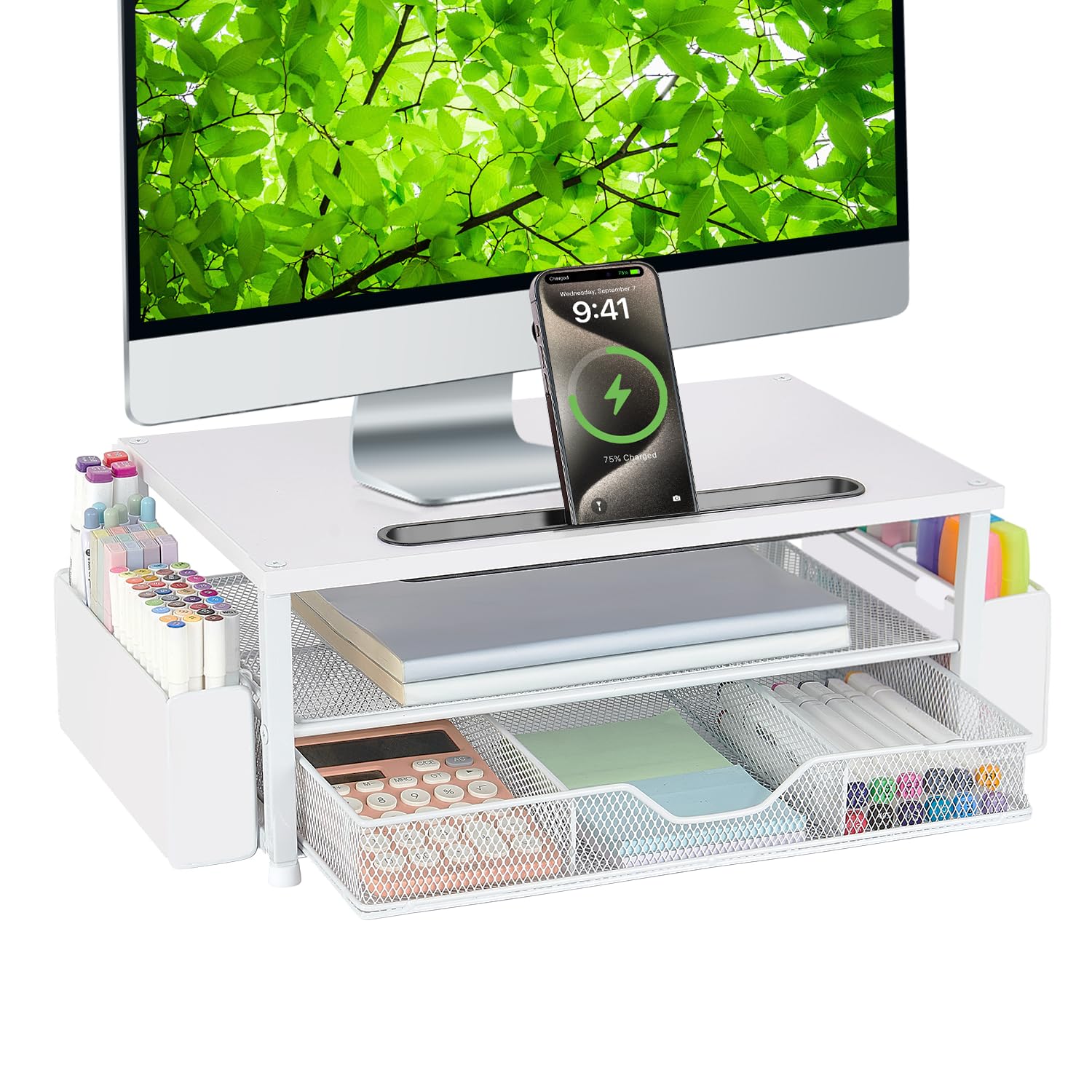 Photo 1 of AUPSEN White Monitor Stand Riser, 2-Tier Wood Computer Desk Organizer with Drawer, Pen Storage & Phone Holder, Office Desk Accessories Desktop Organizer for Office Supplies
