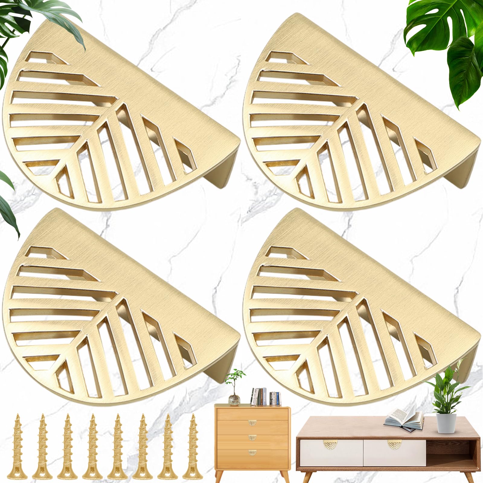 Srup Pack of 4 Leaf Shape Cabinet Handles, Hidden Metal Cabinet Handles, Brass Gold Furniture Handles, Kitchen Door Copper Drawer Handles, Leaf Shape Cabinet Handles Brass (with Mounting Screws)