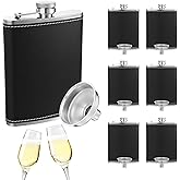 6 Set 8 oz Leather Hip Flasks for Liquor for Men Leak Proof Stainless Steel Drinking Flasks with Funnel Soft Wrap Black Whiskey Vessels for Wedding Party Bridesmaid Birthdays Gift