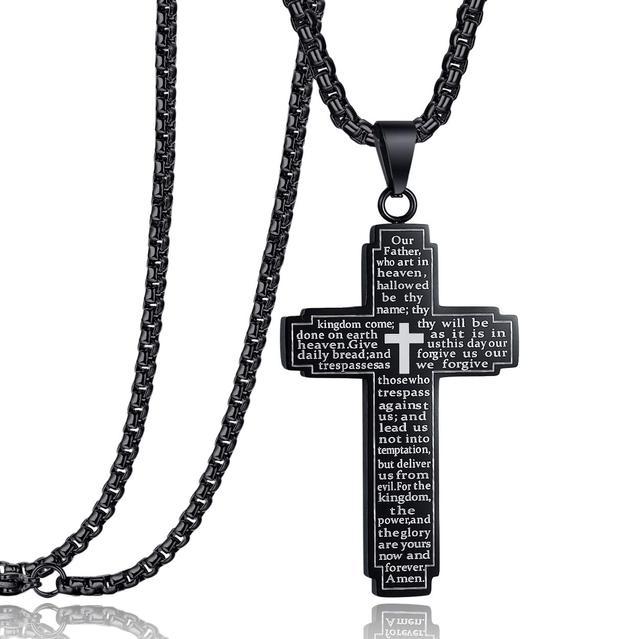 Rehoboth Stainless Steel Our Father Lord's Prayer Cross Pendant Necklace for Women Men Chain 24 Inch Black