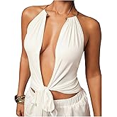 SOLY HUX Women's Sexy Halter Crop Top Tie Front Deep V Neck Backless Vest Shirts Clubwear