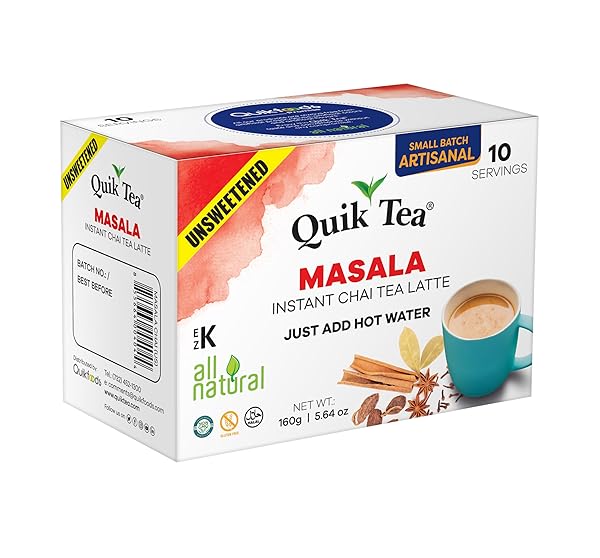 QUIKTEA VEGAN UNSWEETENED MASALA INSTANT CHAI TEA LATTE – 10 COUNT SINGLE BOX – CONVENIENT, EASY AYURVEDIC DAIRY FREE ALTERNATIVE – ALL NATURAL NON GMO SUPERFOOD