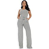 KOVALIKE Women's Lightweight Knit Jumpsuit Sleeveless Wide Leg Romper with Pockets Breathable Summer Lounge One Piece Outfit