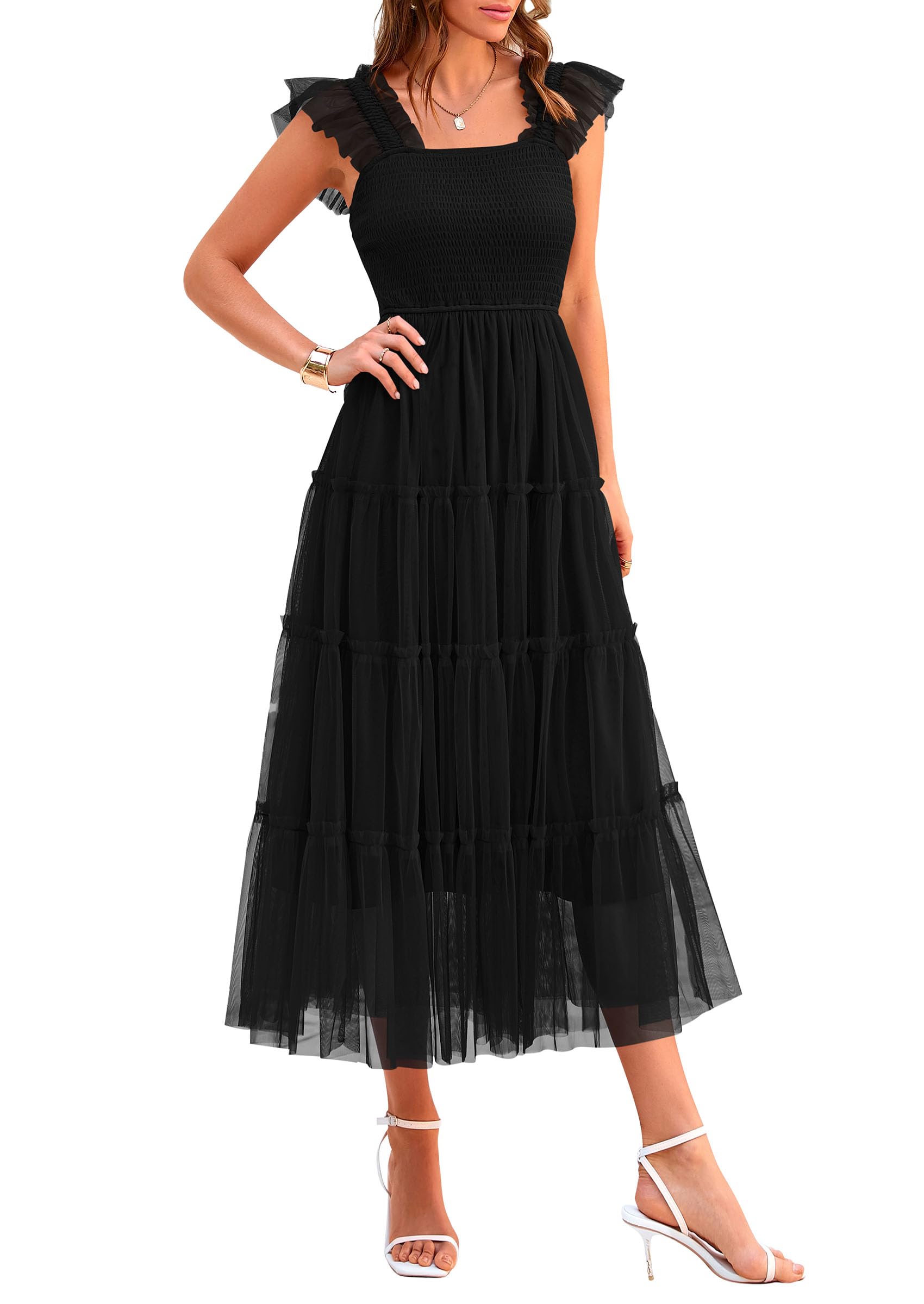 Photo 1 of PRETTYGARDEN Women's Summer Midi Tulle Dress Sleeveless Smocked Square Neck Ruffle Flowy Party Wedding Guest Sundress (Black,Large)