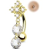 Jewseen Flower Dangle Belly Button Ring, 14G Gold Reverse Belly Button Piercing for Women, Surgical Steel Navel Piercing Jewelry Floating Navel Ring Hypoallergenic