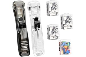 Koceci 2PCS Paper Clip Dispenser with 200PCS Clam Clips, Portable Mini Stapler Holeless Stationery Push Clip and Paper Clamp 