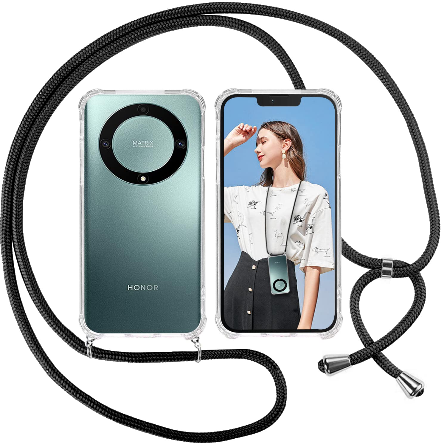 ISOI Compatible with Honor Maigc 5 Lite 5G Case, Mobile Phone Chain Case Silicone Rope Necklace Mobile Phone Case with Cord Bag TPU Bumper Protective Case for Honor Maigc 5 Lite 5G - Black