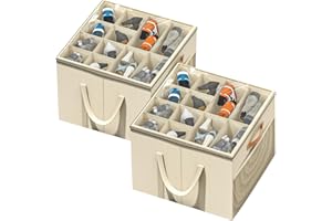 Aokeyee Shoe Organizer for Closet, 2 Pack Foldable Shoe Storage Organizer Box w/Clear Cover and Reinforced Handles, Space Saving Shoes Bin Fits up to 16-32 Pairs, Beige