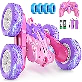 Jimdella Remote Control Cars for Girls, 2.4GHz RC Stunt Car with 360° Flips & Double Sided Driving, Changeable Wheels, LED Headlights, Birthday Gift for 5-12 Year Old Girls (Pink)
