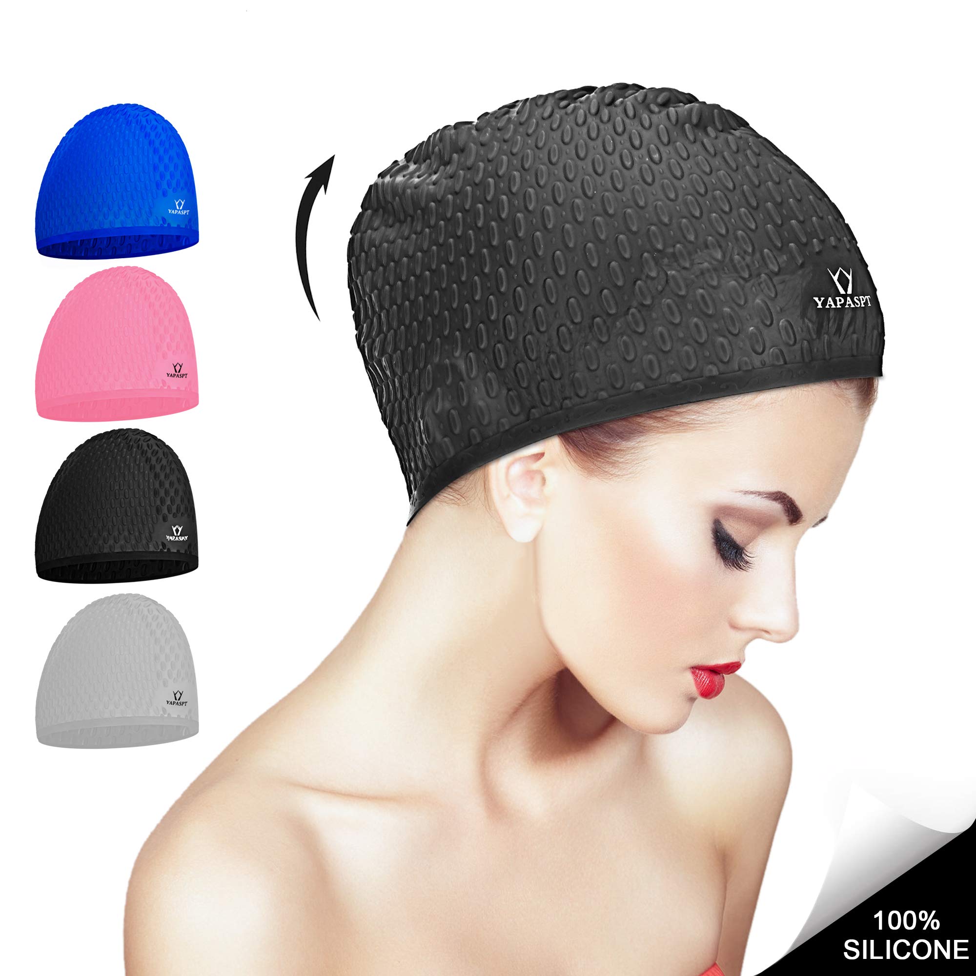 YAPA Swimming Cap for Long/Curly Hair 100% Silicone Swim Cap for Adult Swimming Laps Latex Rubber Reduce Water Intake Men Women UV Guys Girl Bathing Cap