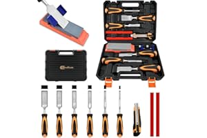 LeuMuas 11pcs Wood Chisel Set, 6 Pcs Premium Wood Chisels with 1 Honing Guide, 1 Sharpening Stone & 2 Carpenter Pencils, 1 Utility Knife, Heat Treated CR-V Steel Blades for Wood Carving Tools
