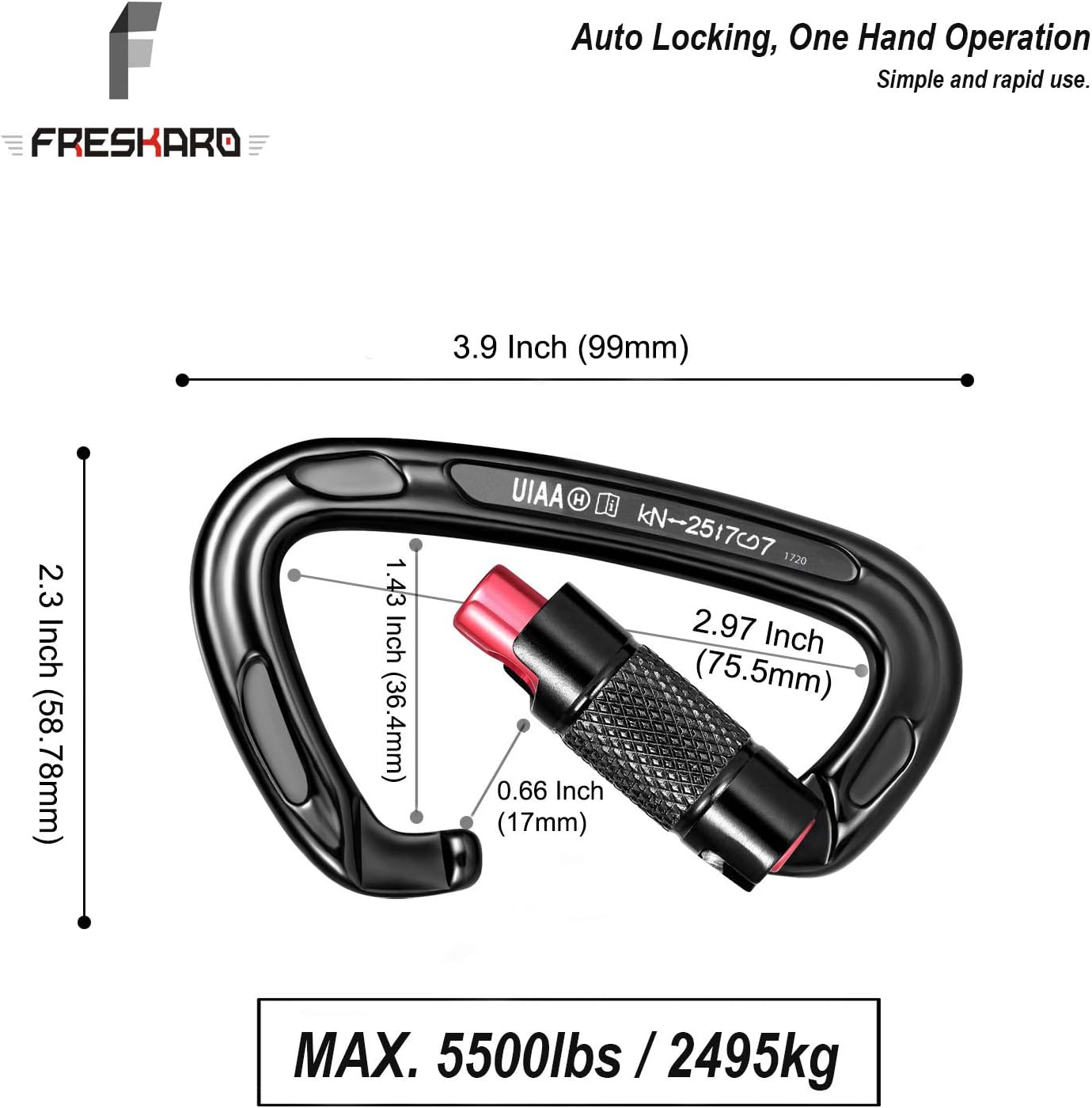 FresKaro 3pcs Climbing Carabiners-Auto Double Locking Carabiner Clips, Twist Lock and Heavy Duty, Suit for Climbing and Rappelling, Carabiner Dog Leash, D Shaped 3.93 Inch, Large Size, Black : Sports & Outdoors
