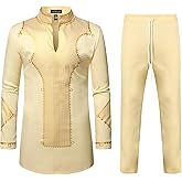 LucMatton Men's Dashiki Shirt Suit African 2 Piece Set Metallic Foil Stamping Mandarin Collar Outfit