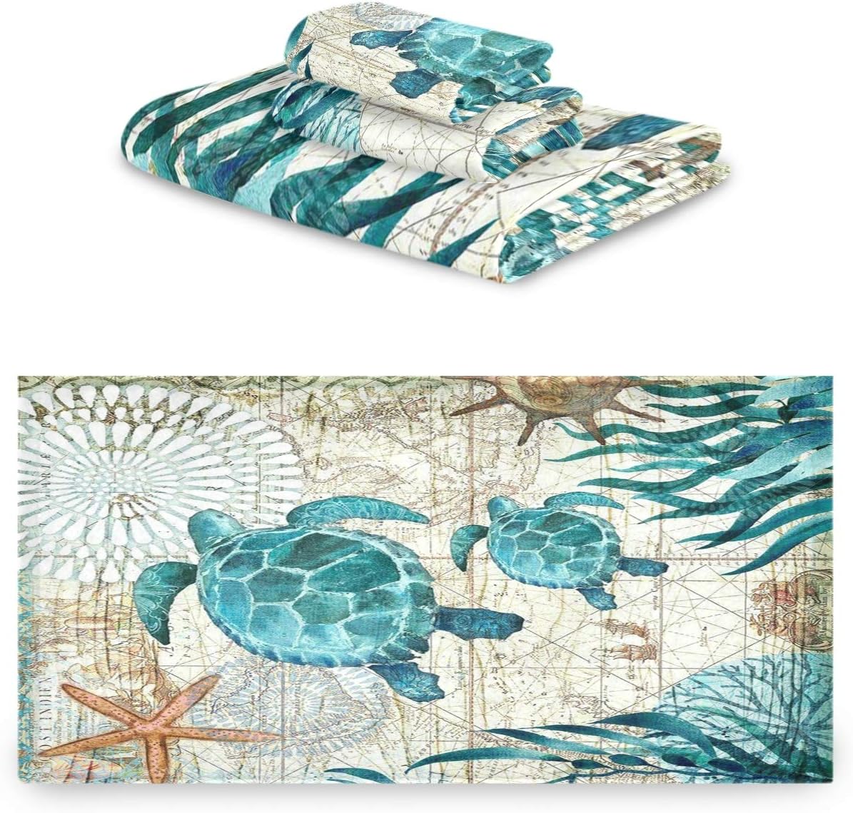 Naanle Vintage Ocean Sea Turtles Starfish Map Soft Luxury Decorative Set of 3 Towels, 1 Bath Towel+1 Hand Towel+1 Washcloth, Multipurpose for Bathroom, Hotel, Gym, Spa and Beach: Home & Kitchen