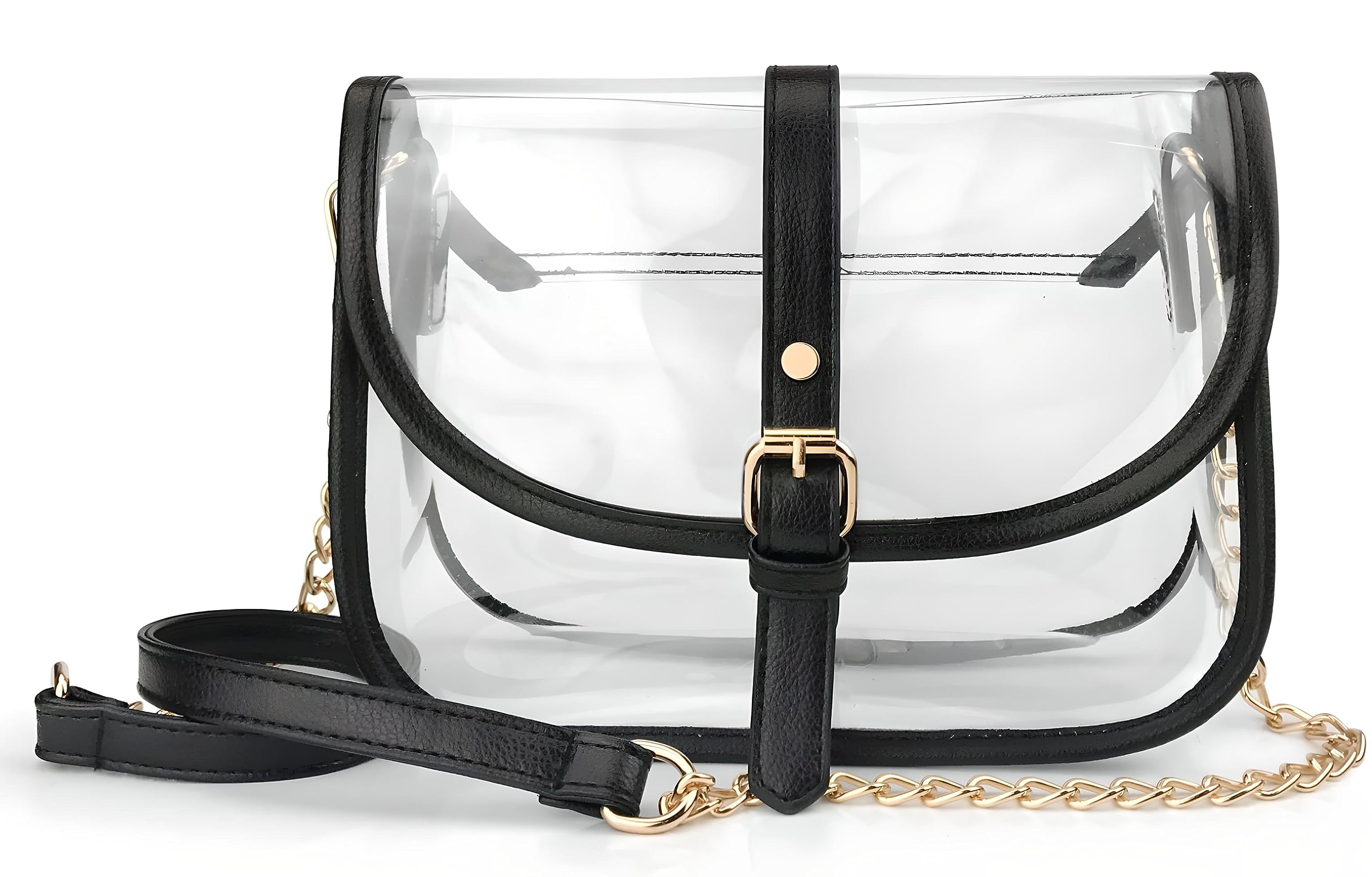 Hoxis Clear Saddle Cross Body Bag Women Chain Shoulder Handbag Purse with Faux Leather Trim (Black)