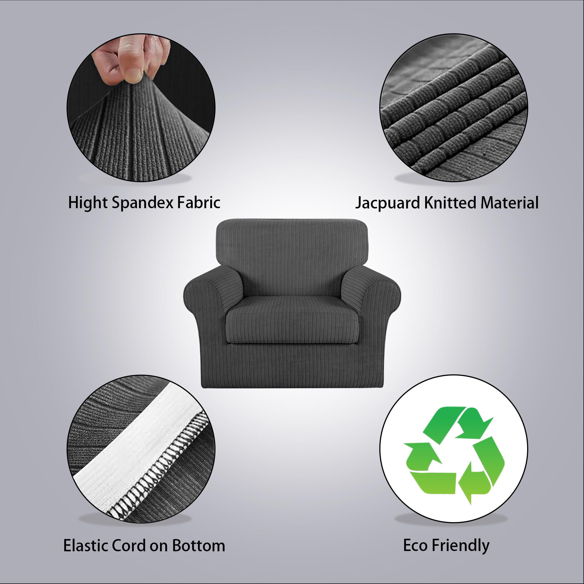 Condition photo showing New/Like New for armchair cover stretching skid resistance couch cover for pets washable, thick and durable soft high spandex striped pattern sofa covers, form fitted chair slipcover(armchair, dark gray) dark gray armchair