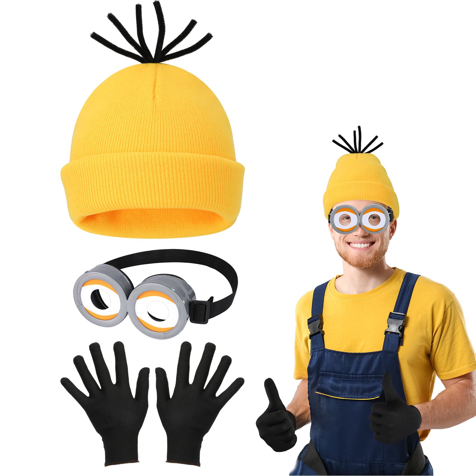 3PCS Halloween Costumes Accessories Adults, Vintage Steampunk Goggles Yellow Beanie Knit Hats Black Gloves Set, Yellow Hat and Goggles Gloves for Carnival Halloween Cosplay Party Fancy Dress Costume